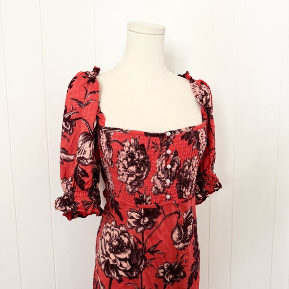 By Anthropologie Puff-Sleeve Smocked Floral Midi Dress Size Large Red - Picture 5 of 8